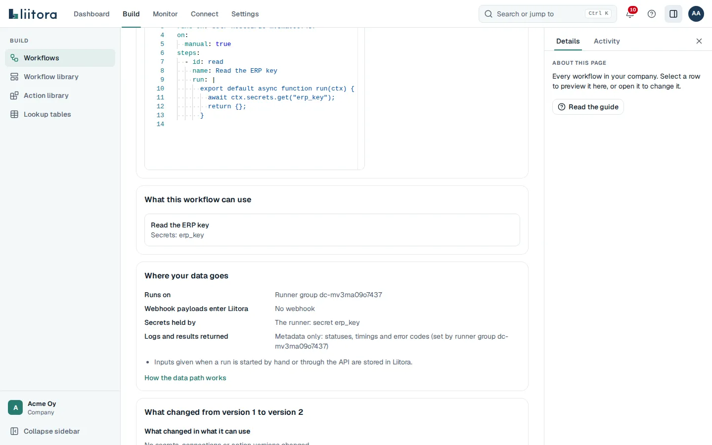 The approval page with the Where your data goes card: runs on a runner group, no webhook, the runner holds the secret erp_key, and only metadata comes back.