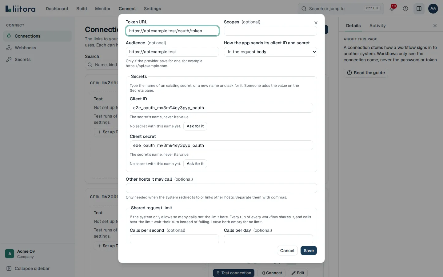The connection form for OAuth 2 (client credentials) with Token URL, Scopes, Audience and how the app sends its client ID and secret