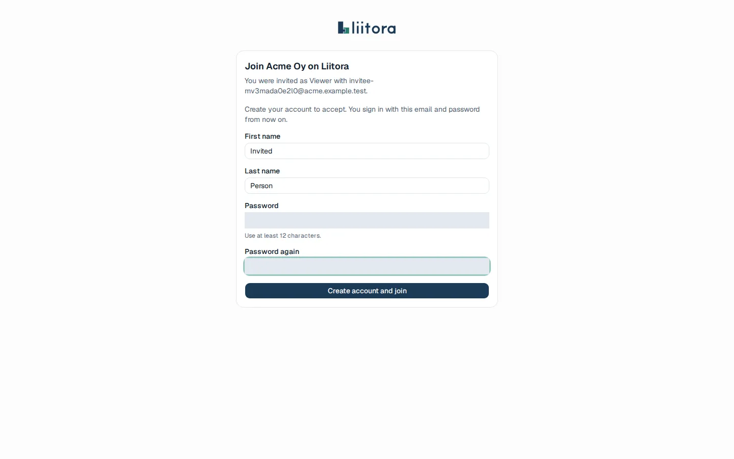 The invite page: the company name, the role, and fields for the name and a new password