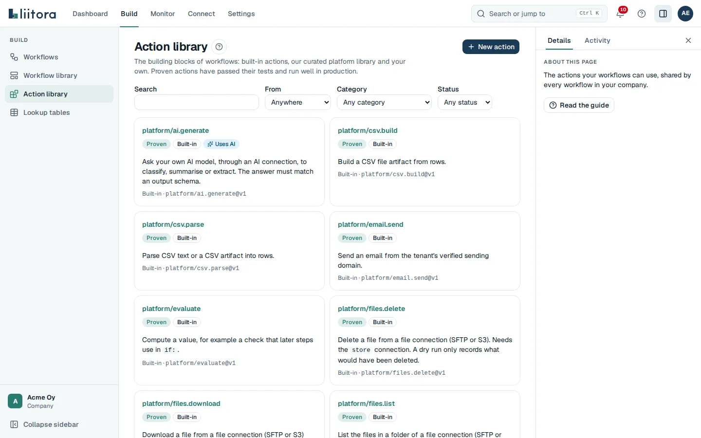 The Action library: search and filters for where it comes from, category and status, and cards for the built-in actions with their Proven and Built-in badges
