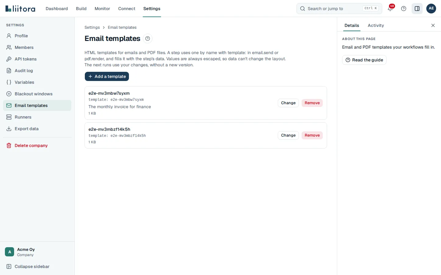The Templates tab with one invoice template
