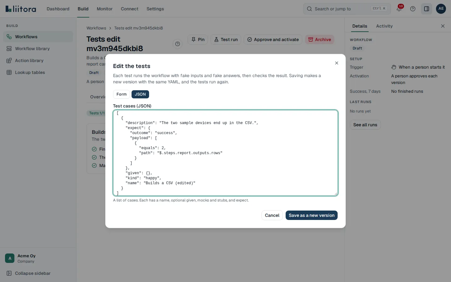 The Edit the tests dialog with the test cases as JSON