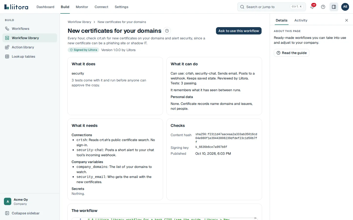 A library workflow open: what it does, what it can do, what it needs, and the content hash and signing key under Checks