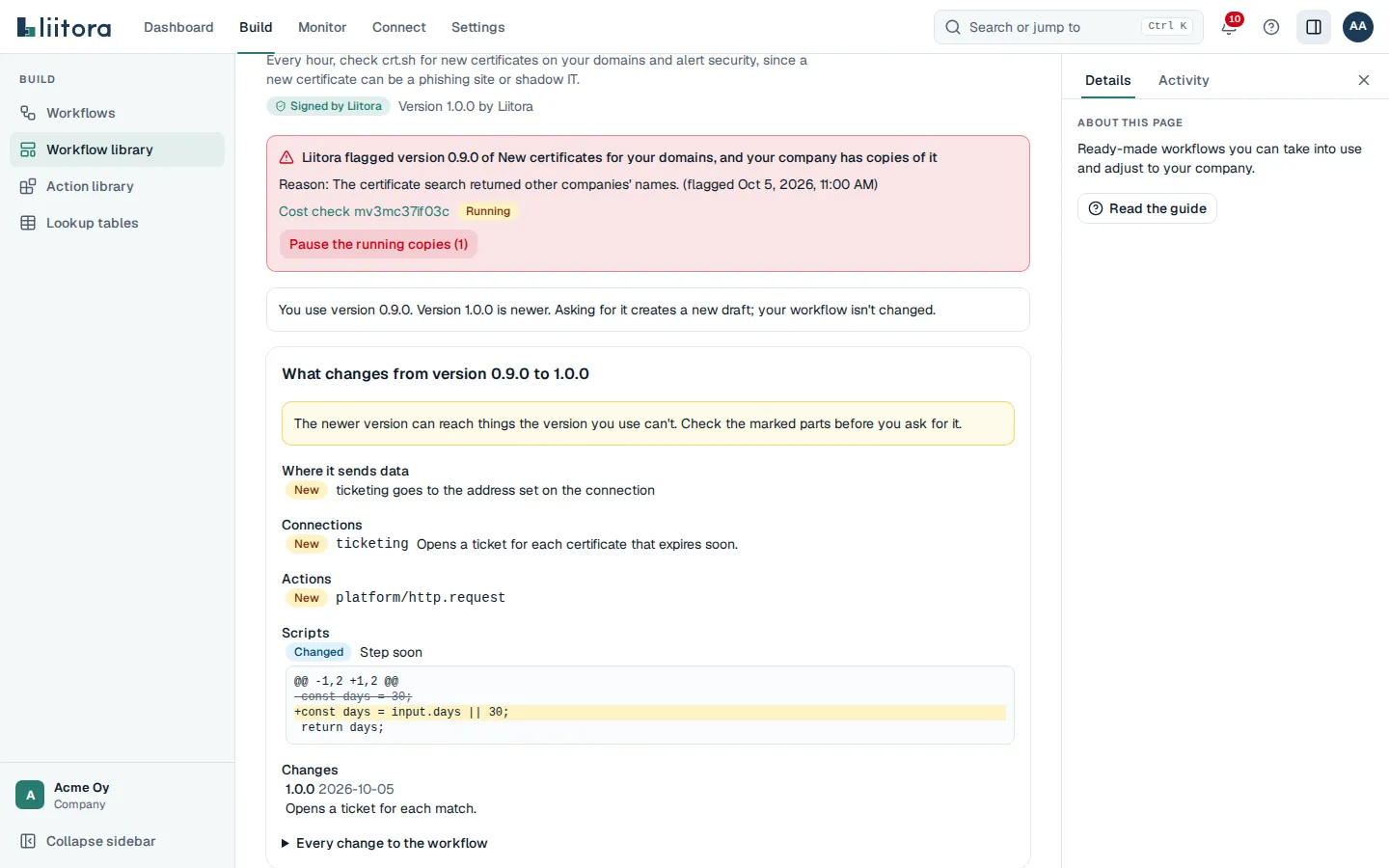 What changes from version 0.9.0 to 1.0.0: a note that the newer version can reach more, then a new connection and where it sends data, a new action, a changed script shown line by line, and the changes written by Liitora
