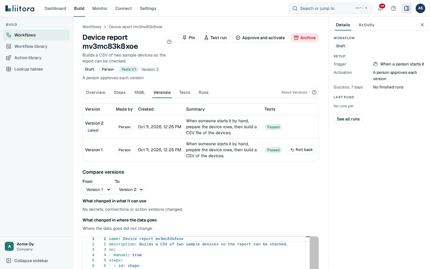 The Versions tab: a table of versions with who made each one, when, its summary and test result, and a comparison of two versions